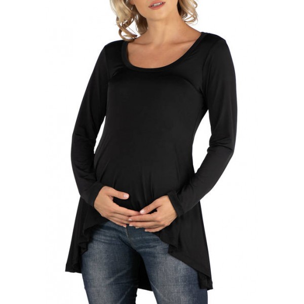 24seven Comfort Apparel Maternity Simple Long Sleeve High Low Tunic Top
