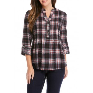 New Directions® Women's 3/4 Sleeve Mistletoe Plaid Shirt