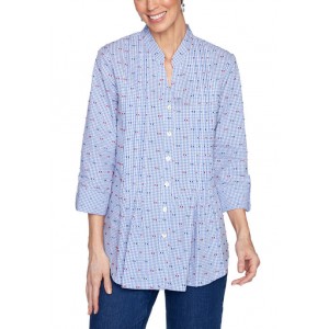 Ruby Rd Women's Casual Gingham Clip Dot Embroidered Button Front Top 
