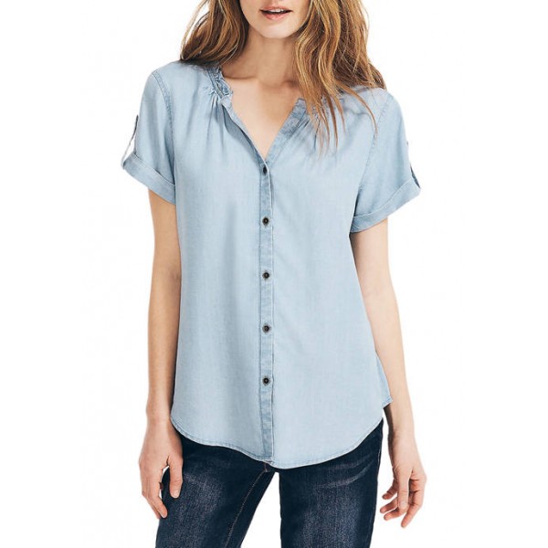 Nautica Women's Sustainably Crafted Ruffled Collar Top