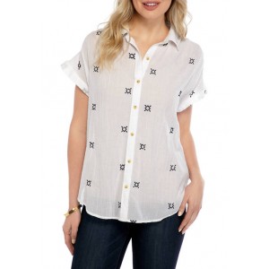New Directions® Women's Embroidered Short Sleeve Button Down Shirt 