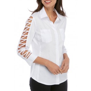 Sharagano Women's Lattice Sleeve Knit to Fit Shirt