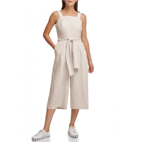 DKNY Striped Belted Linen Jumpsuit