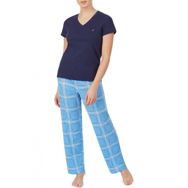 Nautica Short Sleeve V-Neck Pajama Shirt with Long Pants