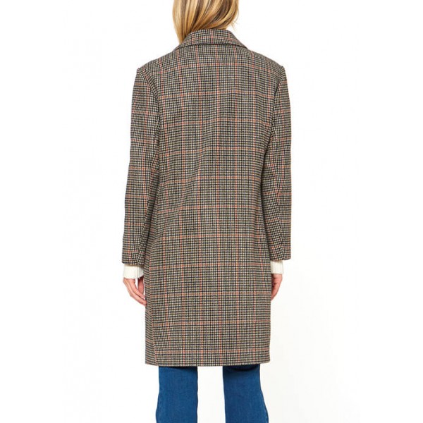 Sanctuary 38 Inch Button Front Houndstooth Plaid Wool Blend Walking Coat