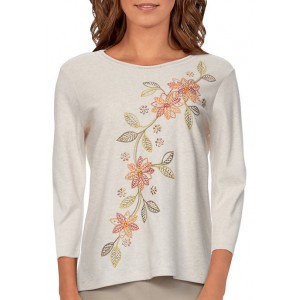 Alfred Dunner Women's 3/4 Sleeve Diagonal Floral Embroidery Top 