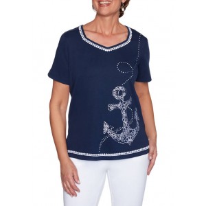 Alfred Dunner Women's Anchor's Away Dot Embroidery Knit Top 