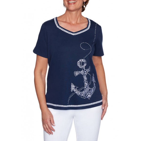 Alfred Dunner Women's Anchor's Away Dot Embroidery Knit Top