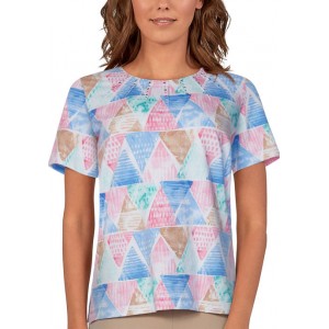 Alfred Dunner Women's Classics Short Sleeve Triangle Watercolor Print Top 