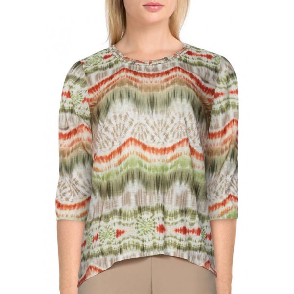 Alfred Dunner Women's Short Sleeve Ikat Biadere Print Knit Top