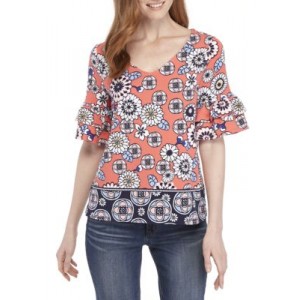 Crown & Ivy™ Elbow Double Ruffle Sleeve V-Neck Print Top 