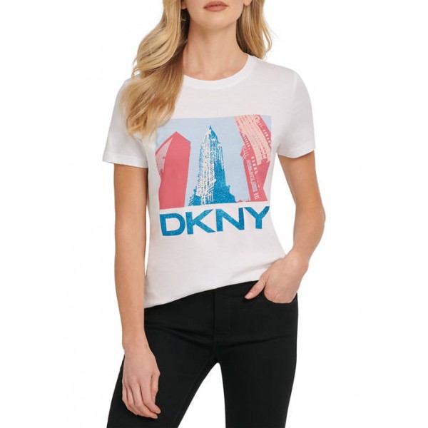 DKNY Short Sleeve Glitter Logo Empire State T-Shirt