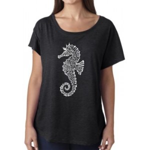 LA Pop Art Loose Fit Dolman Cut Word Art T-Shirt - Types of Seahorses 