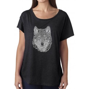 LA Pop Art Women's Loose Fit Dolman Cut Word Graphic Art Shirt - Wolf 