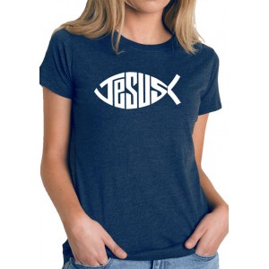 LA Pop Art Women's Premium Blend Word Art Graphic T-Shirt - Christian Jesus Name Fish Symbol 