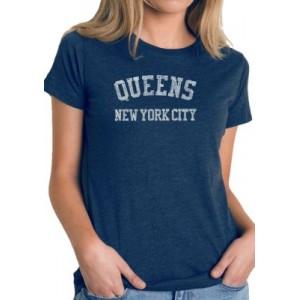 LA Pop Art Women's Premium Blend Word Art T-Shirt- Popular Neighborhoods in Queens, NY 