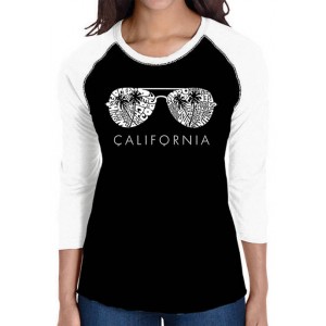 LA Pop Art Women's Raglan Baseball Word Art Graphic T-Shirt - California Shades 