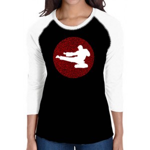 LA Pop Art Women's Raglan Baseball Word Art T-Shirt -Types of Martial Arts 