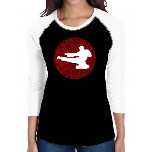 LA Pop Art Women's Raglan Baseball Word Art T-Shirt -Types of Martial Arts