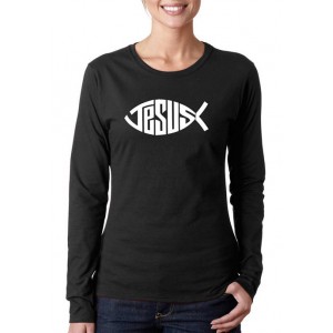 LA Pop Art Women's Word Art Long Sleeve T-Shirt - Christian Jesus Name Fish Symbol 