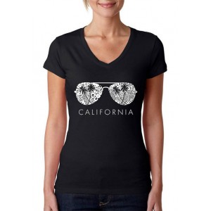 LA Pop Art Women's Word Art V-Neck Graphic T-Shirt - California Shades 