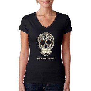 LA Pop Art Women's Word Art V-Neck Graphic T-Shirt - Día de los Muertos 
