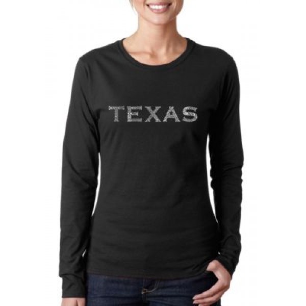 LA Pop Art Word Art Long Sleeve T-Shirt - The Great Cities of Texas