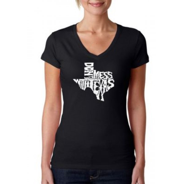 LA Pop Art Word Art V-Neck T-Shirt - Don't Mess With Texas