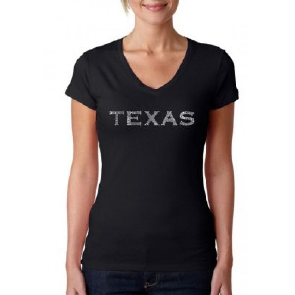 LA Pop Art Word Art V-Neck T-Shirt - The Great Cities of Texas