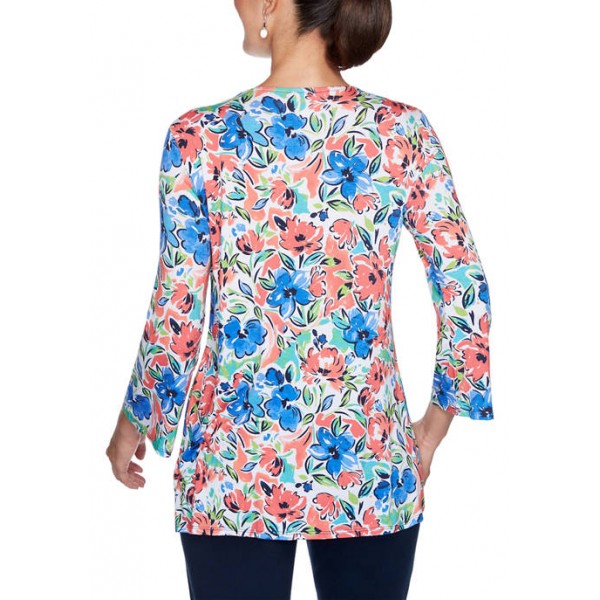 Ruby Rd Women's Must Haves Split Neck Watercolor Blossoms Top