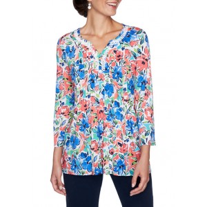 Ruby Rd Women's Must Haves Split Neck Watercolor Blossoms Top 