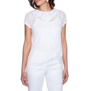 Ruby Rd Women's White Out Lined Textured Lace Burnout Top 