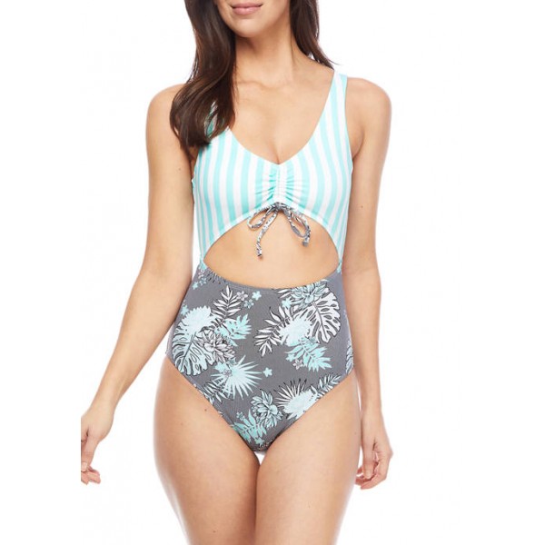Island Soul Mixed Print Front Cutout One Piece Swimsuit
