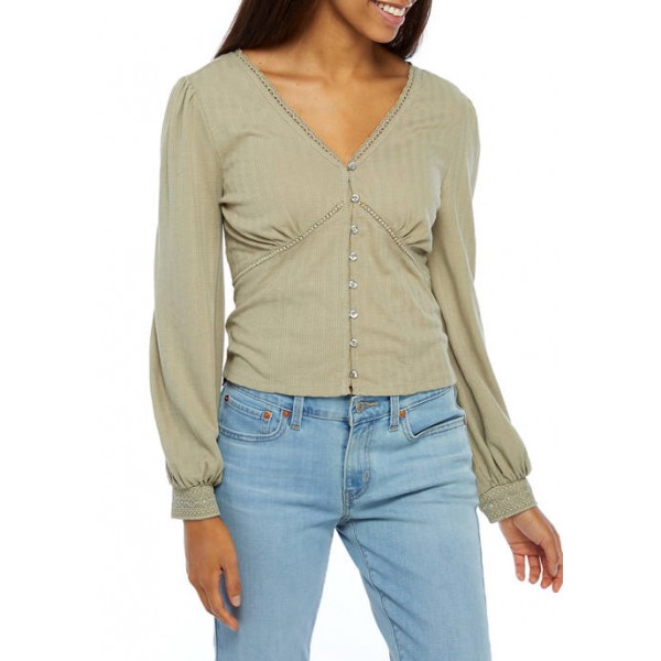 American Rag Women's Long Puff Sleeve Top with Lace Trim