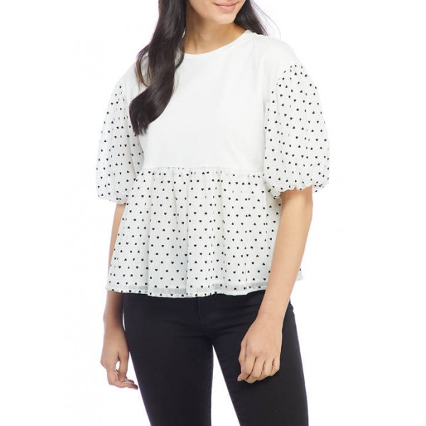 ENGLISH FACTORY Women's Heart Dotted Puff Sleeve Knit Top