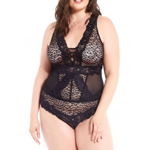 iCollection Plus Size Bella Floral Lace and Mesh Plunge Bodysuit 