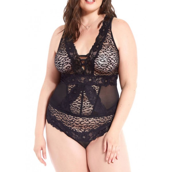 iCollection Plus Size Bella Floral Lace and Mesh Plunge Bodysuit