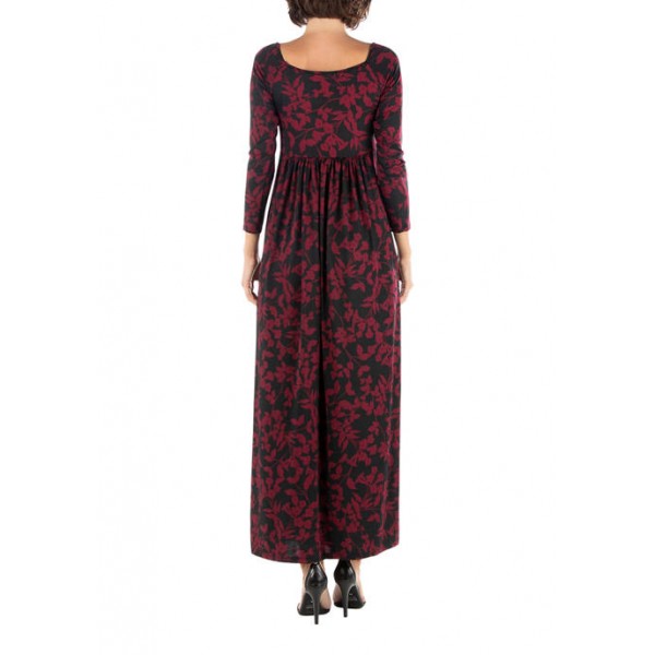24seven Comfort Apparel Women's Paisley Print Long Sleeve Pleated Maxi Dress