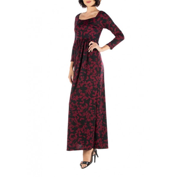 24seven Comfort Apparel Women's Paisley Print Long Sleeve Pleated Maxi Dress