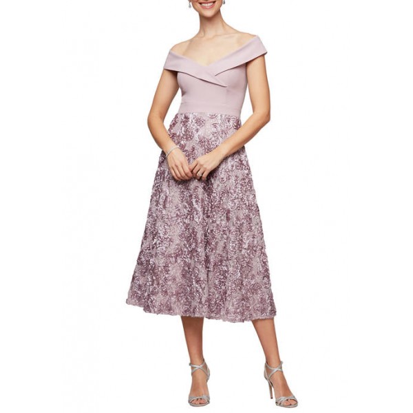 Alex Evenings Women's Off the Shoulder Rosette Skirt Midi Dress