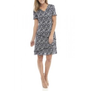 Connected Apparel Short Sleeve Layered Fan Print Dress