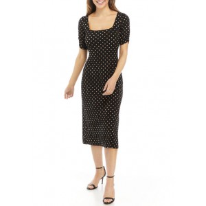 Connected Apparel Women's Ruched Sleeve Polka Dot Square Neck Dress 