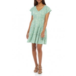 Emma & Michelle Women's Green, Cream, and Yellow Floral V-Neck Babydoll Dress 