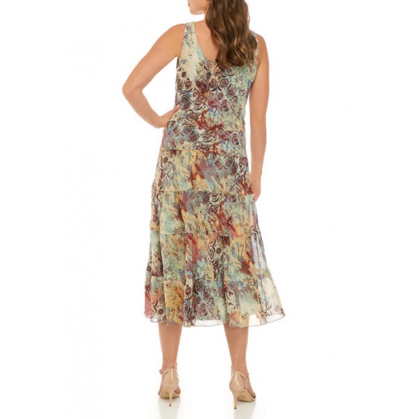 Nine West Women's Sleeveless Printed Chiffon Tier Maxi Dress