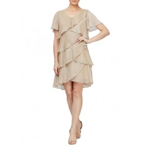 SLNY Women's Shimmer Bodre Short Sleeve Tier Dress with Embellishment at Neckline 