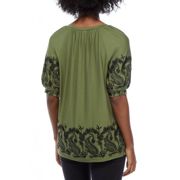 Cupio Women's Embroidered Short Puff Sleeve Top