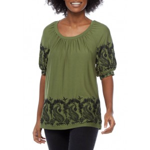 Cupio Women's Embroidered Short Puff Sleeve Top 