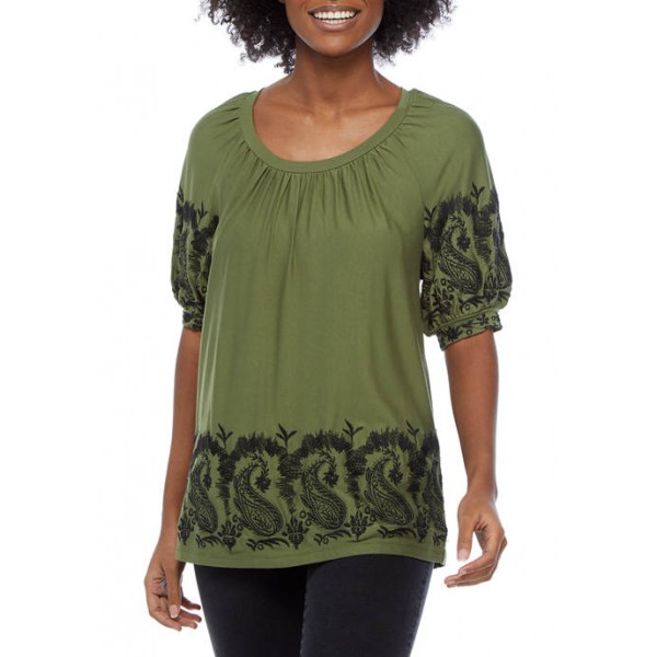 Cupio Women's Embroidered Short Puff Sleeve Top
