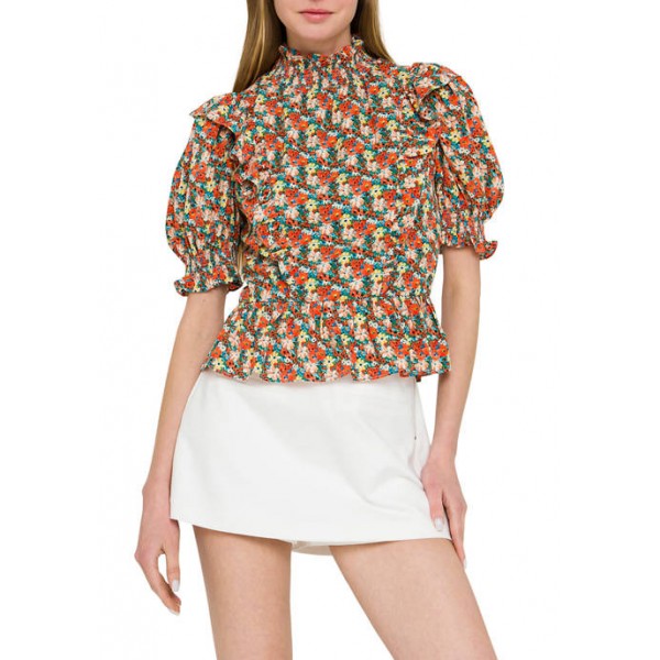 ENGLISH FACTORY Floral Ruffle Detailed Woven Top
