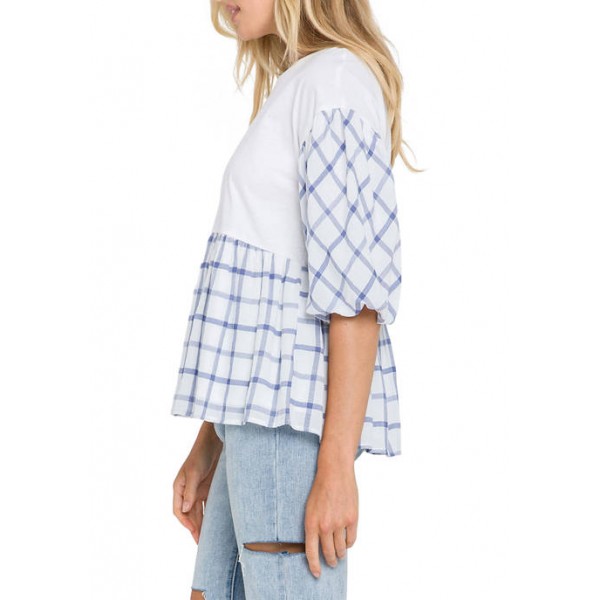 ENGLISH FACTORY Women's Knit and Check Woven Combo Top